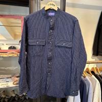 コットンウールガーゼストライプバンドカラーシャツ